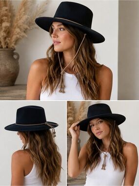 The Salting Black Wool Wide Brim Hat with Chin Cord Size 2